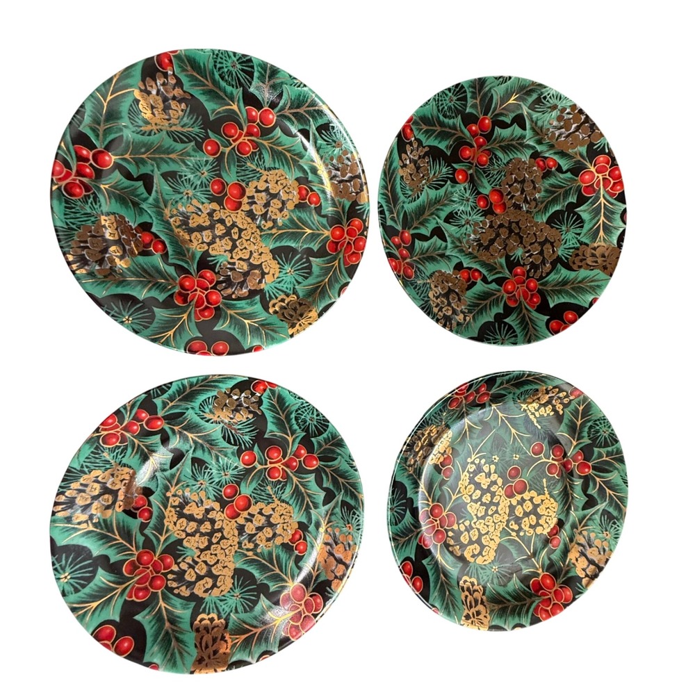 Konitz Germany Christmas Holly Dessert Plates Set of 4 Green Red Gold 7.5"